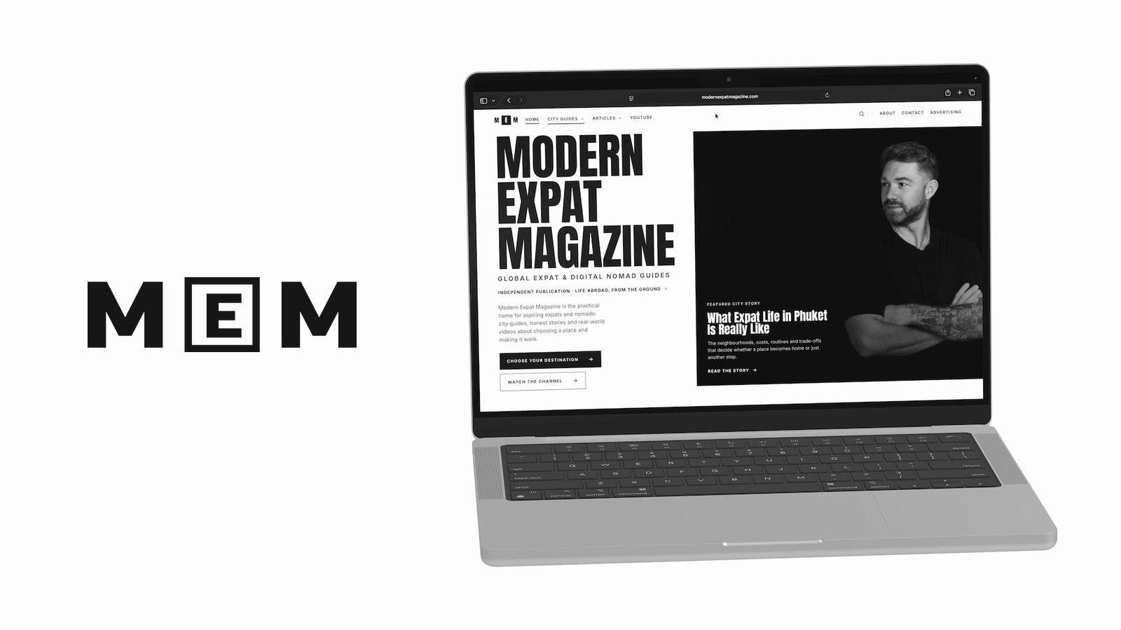 โลโก้ Modern Expat Magazine ข้างหน้าแรกของเว็บไซต์บนแล็ปท็อป