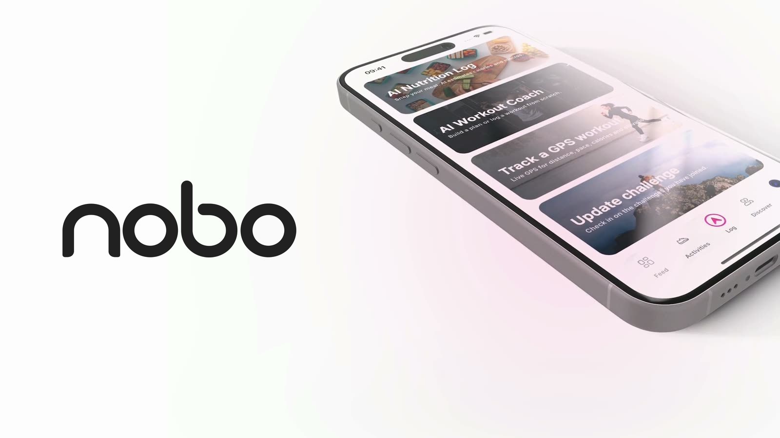 โลโก้ nobo ข้างแอปบนโทรศัพท์ แสดงการบันทึกโภชนาการด้วย AI โค้ชออกกำลังกาย AI และการติดตามการออกกำลังกายด้วย GPS